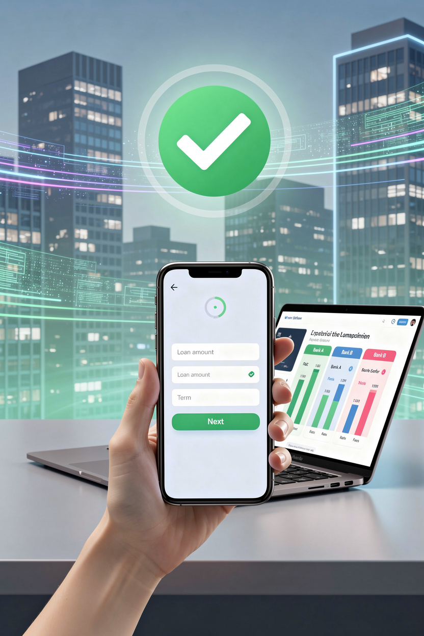 Рука человека держит смартфон с формой заявки на займ, на столе ноутбук с графиком сравнения предложений, фон - цифровой город с потоками данных.