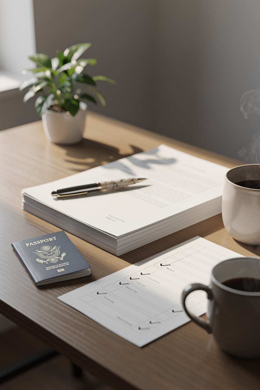 Аккуратный стол с документами для оформления в уютном домашнем офисе.