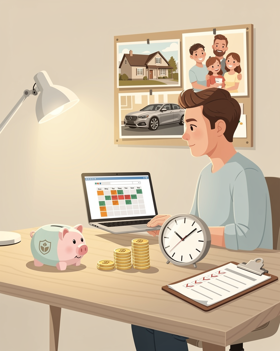 Человек в домашнем офисе ответственно управляет графиком погашения займов, используя символические предметы для избежания просрочек.