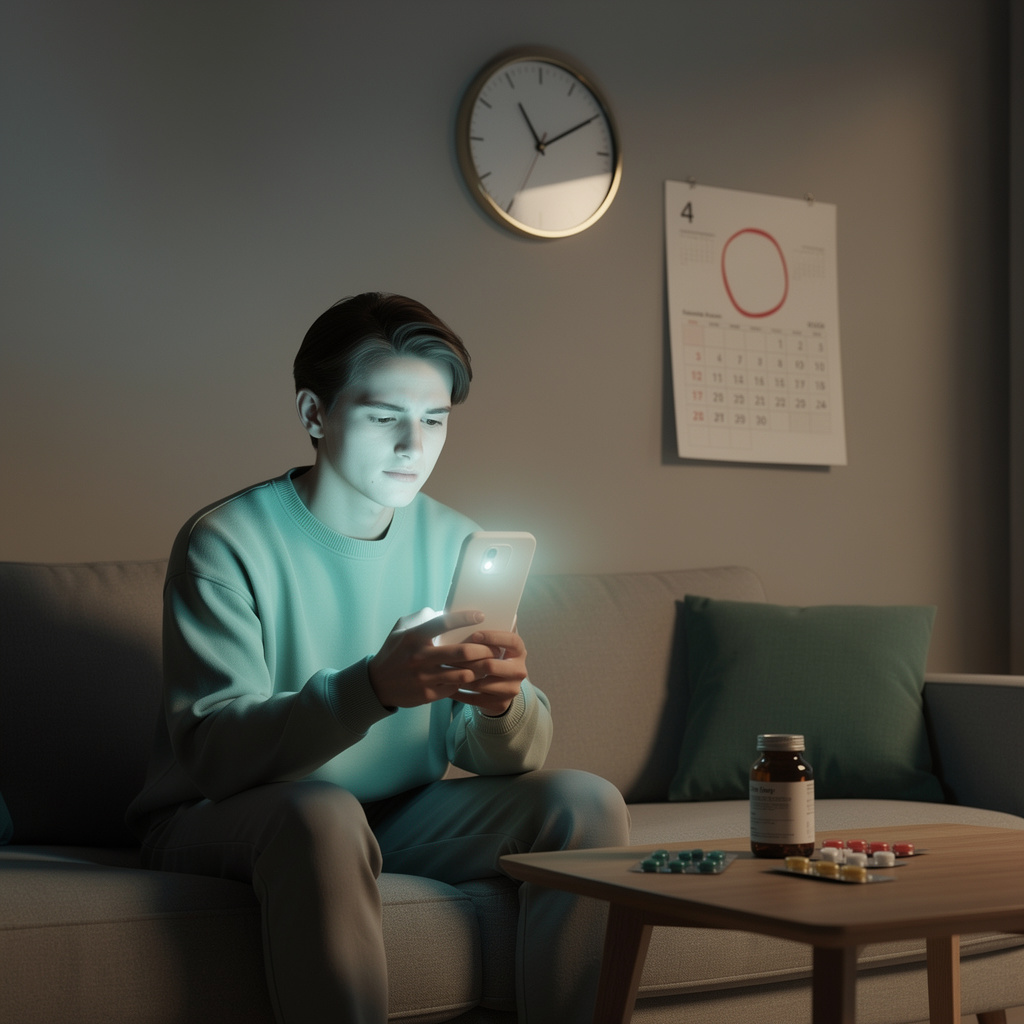 Человек смотрит на смартфон с символикой быстрого одобрения займа в домашней обстановке, с часами и лекарствами на столе, передавая идею срочной финансовой помощи.