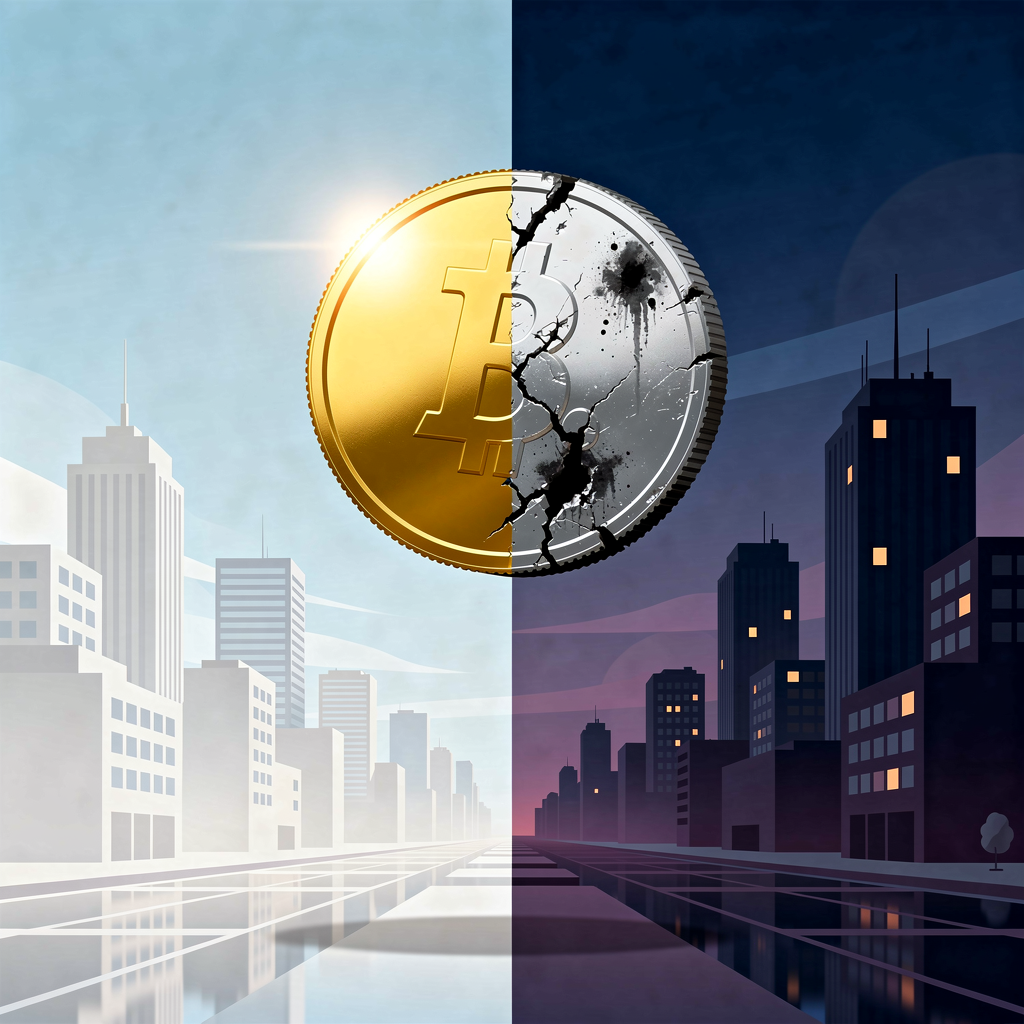 Двусторонняя монета, символизирующая преимущества и риски микрозаймов, парит над абстрактным городом в свете и тени.