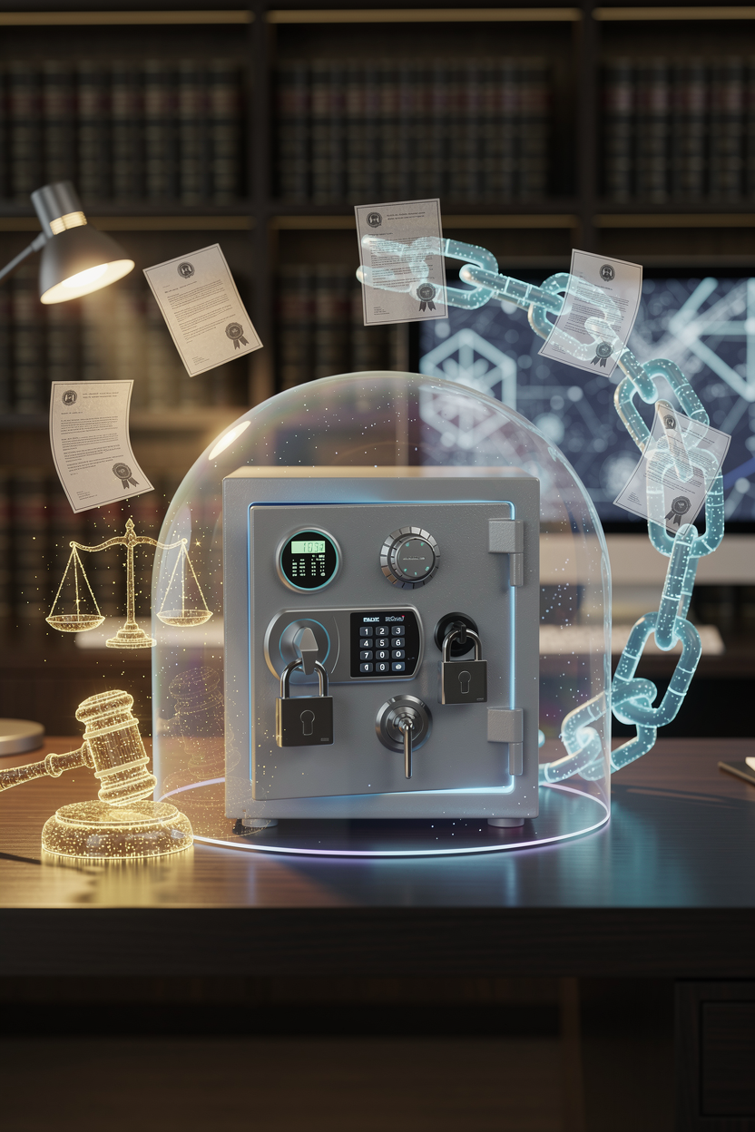 Иллюстрация цифрового сейфа с символами безопасности и юридической защиты в домашнем офисе.