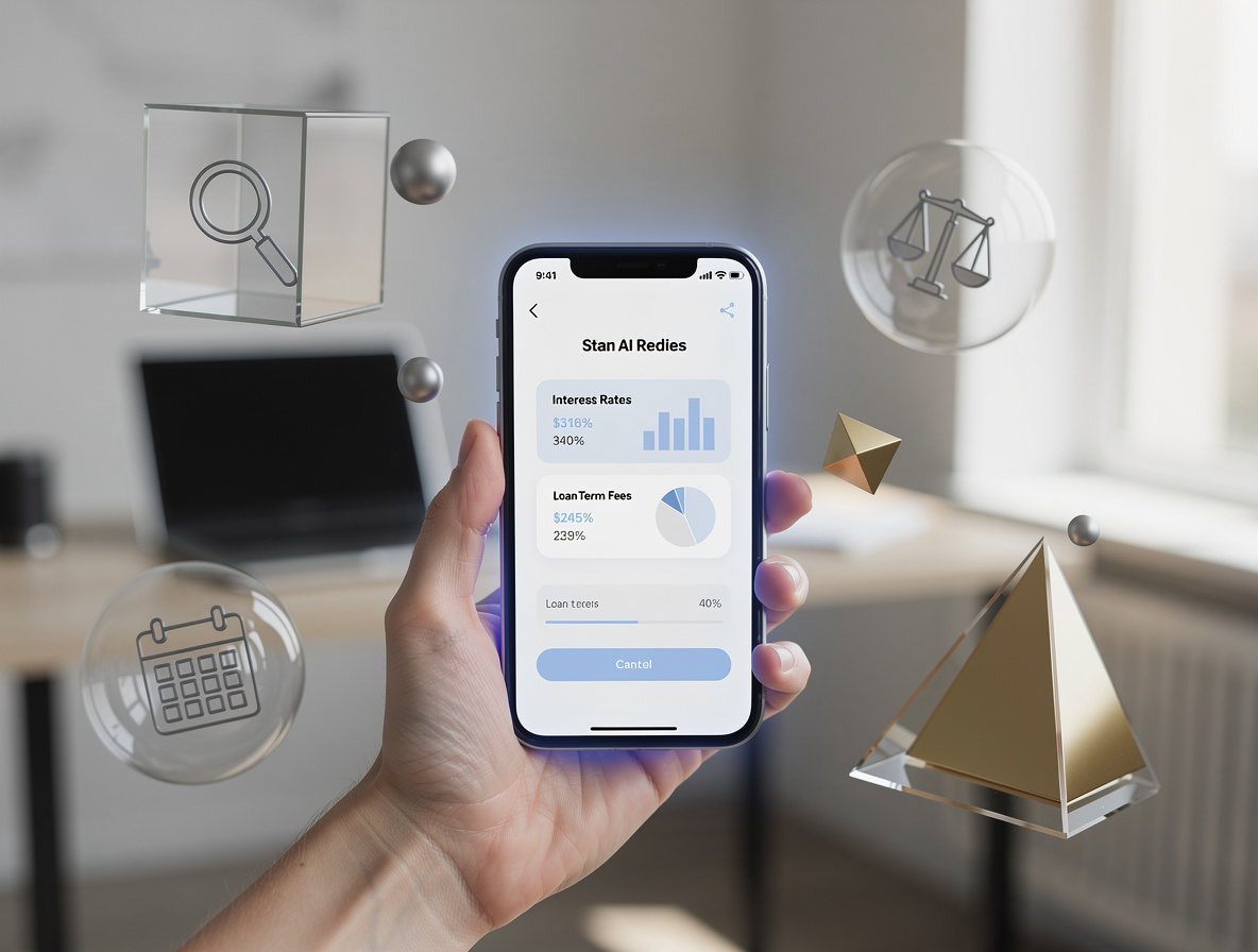 Рука человека держит смартфон с интерфейсом займа, окружённый символами сравнения и планирования, на фоне уютного пространства.
