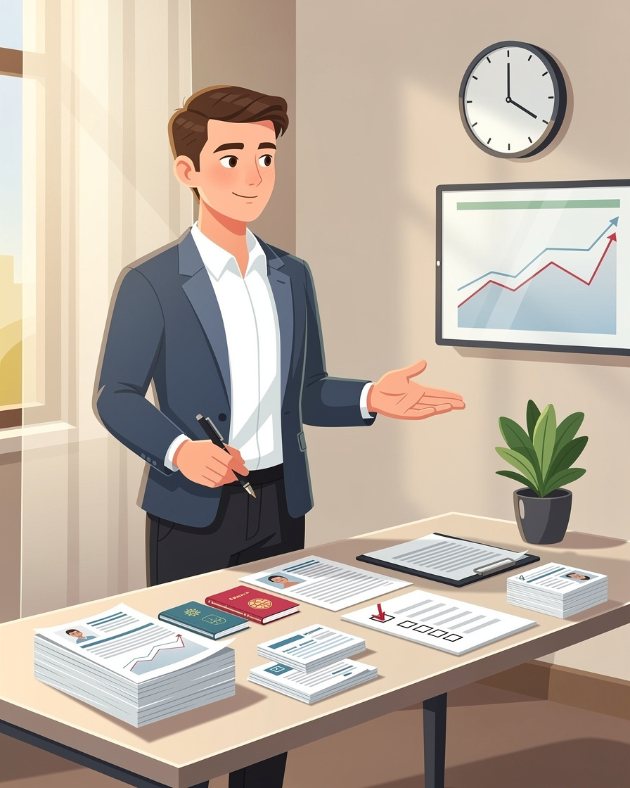 Человек собирает необходимые документы для получения кредита в офисе.