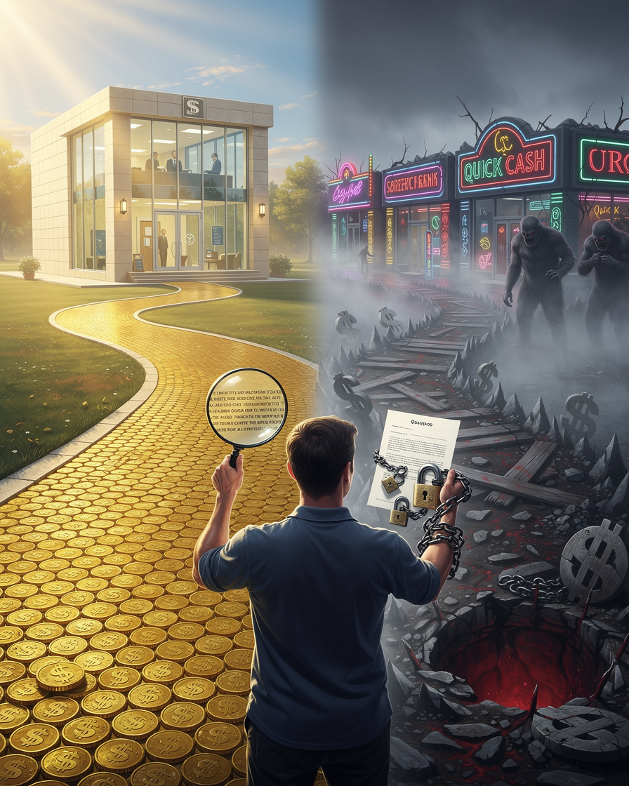 Человек на перепутье: одна дорога из золотых монет ведёт к банку, другая — из острых камней-долларов с ловушками, он рассматривает контракт через лупу, видя скрытые цепи.