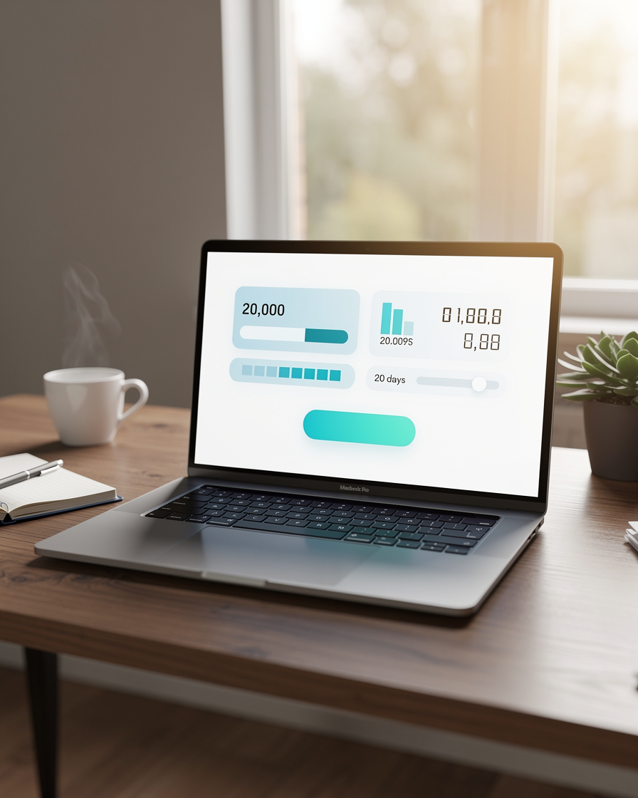 Ноутбук с калькулятором займа на экране в домашнем офисе