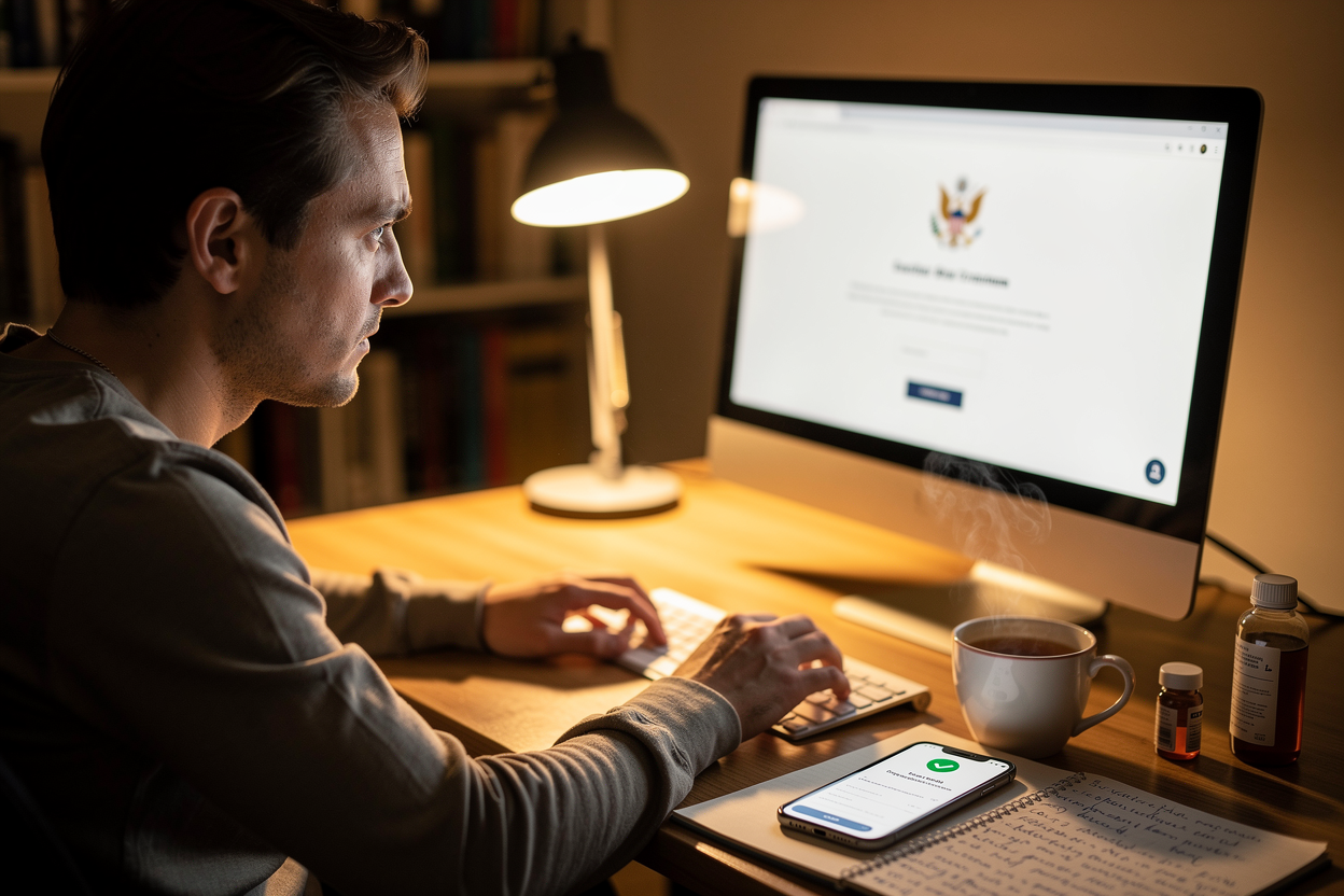 Человек проверяет легальность онлайн-займа на компьютере, демонстрируя бдительность и безопасность.