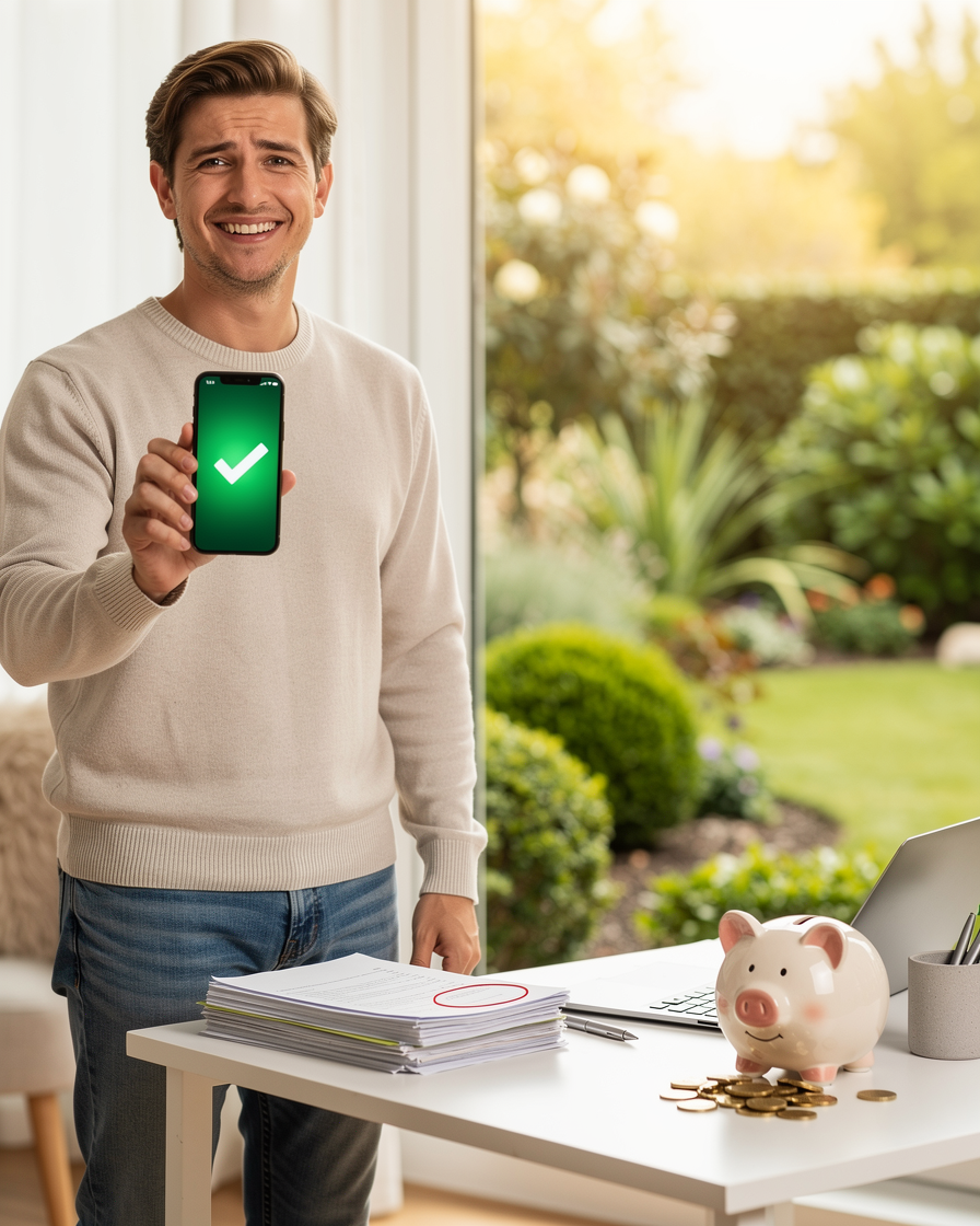 Человек в домашнем офисе с телефоном, показывающим успешное погашение займа, в окружении символов финансового планирования.