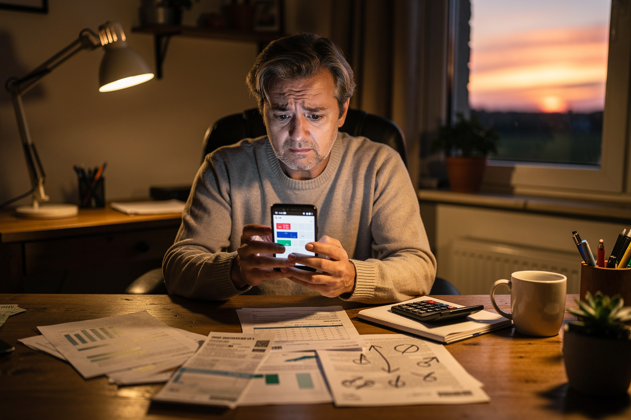 Человек за столом с документами и телефоном, обдумывающий финансовые трудности и поиск решений.