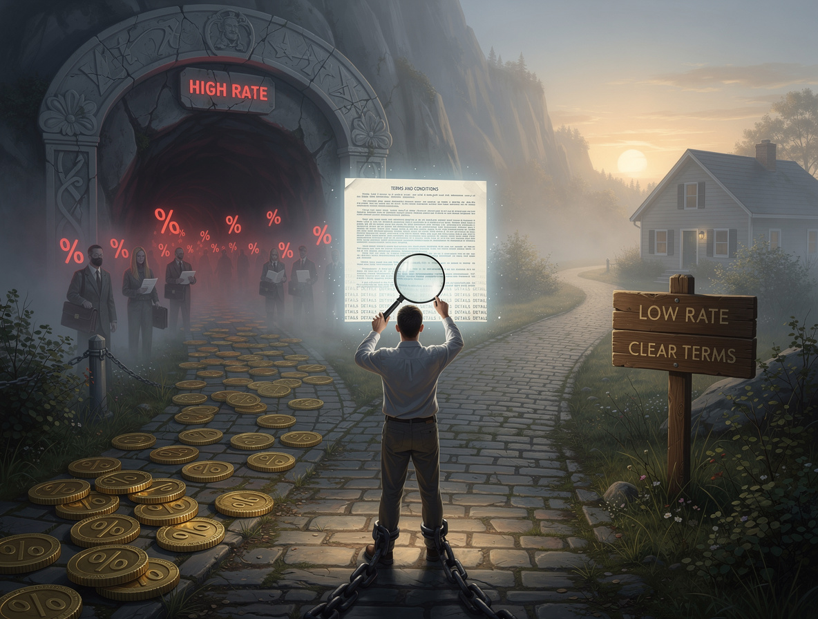 Символическое изображение выбора между рискованным кредитом с высокими процентами и прозрачным займом, подчеркивающее важность осторожности.