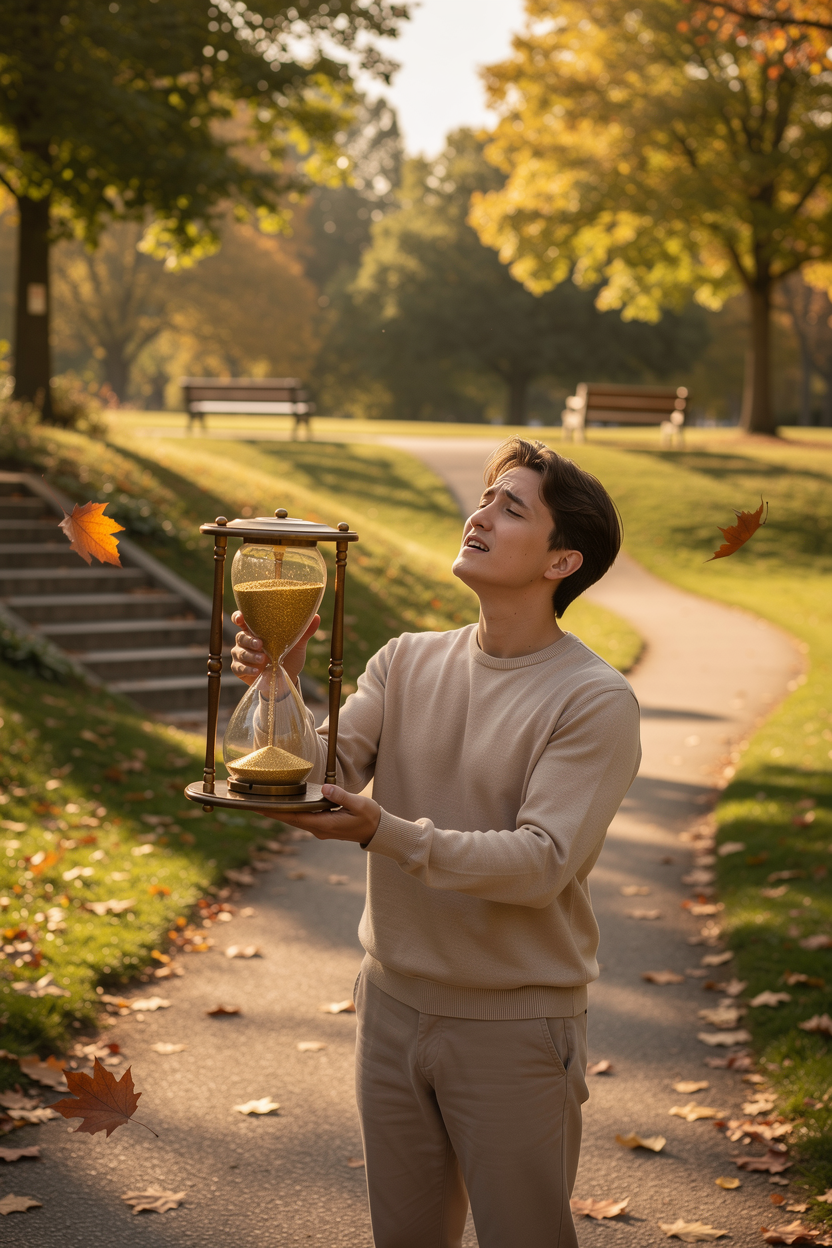 Человек держит песочные часы на развилке дорог, символизируя выбор продления срока кредита для уменьшения платежей.