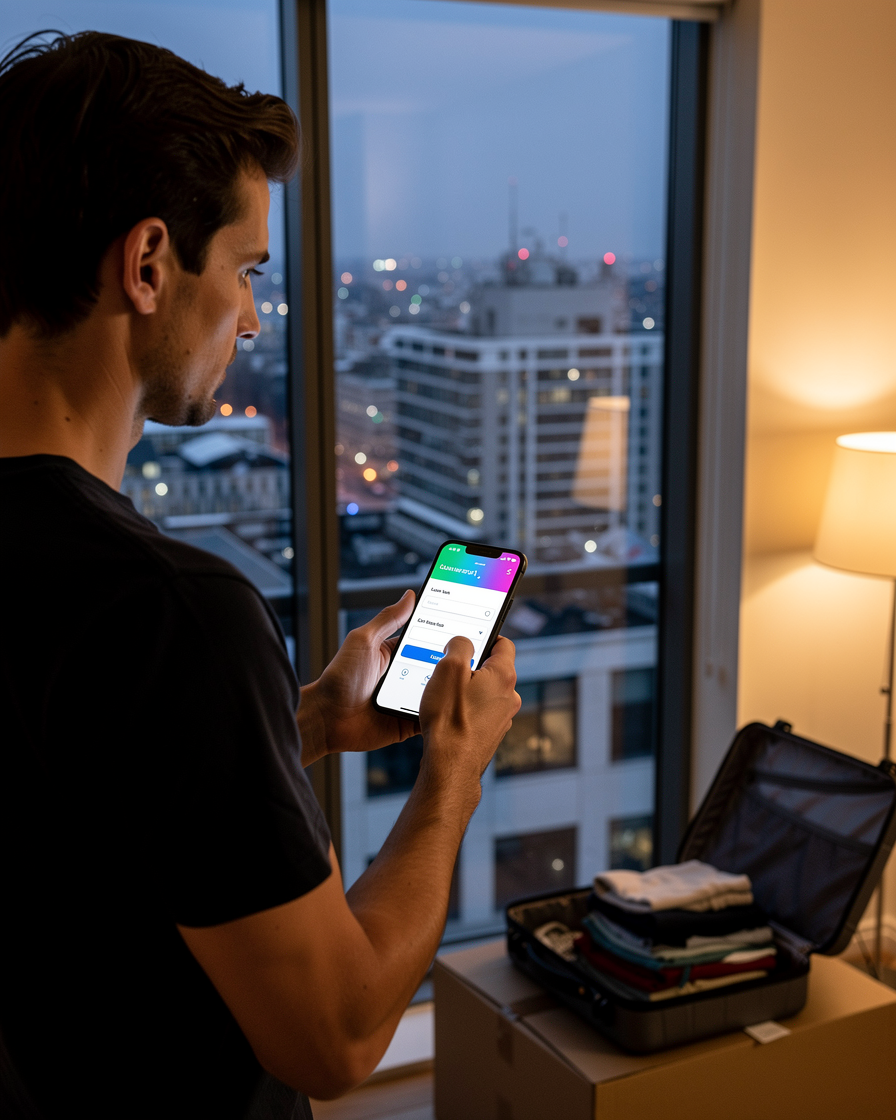 Человек в новой квартире оформляет займ на смартфоне после переезда в другой город.