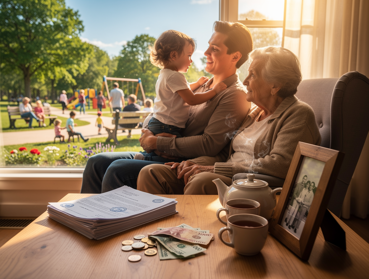 Семья в уютном доме с документами и деньгами, символизирующими государственную поддержку.