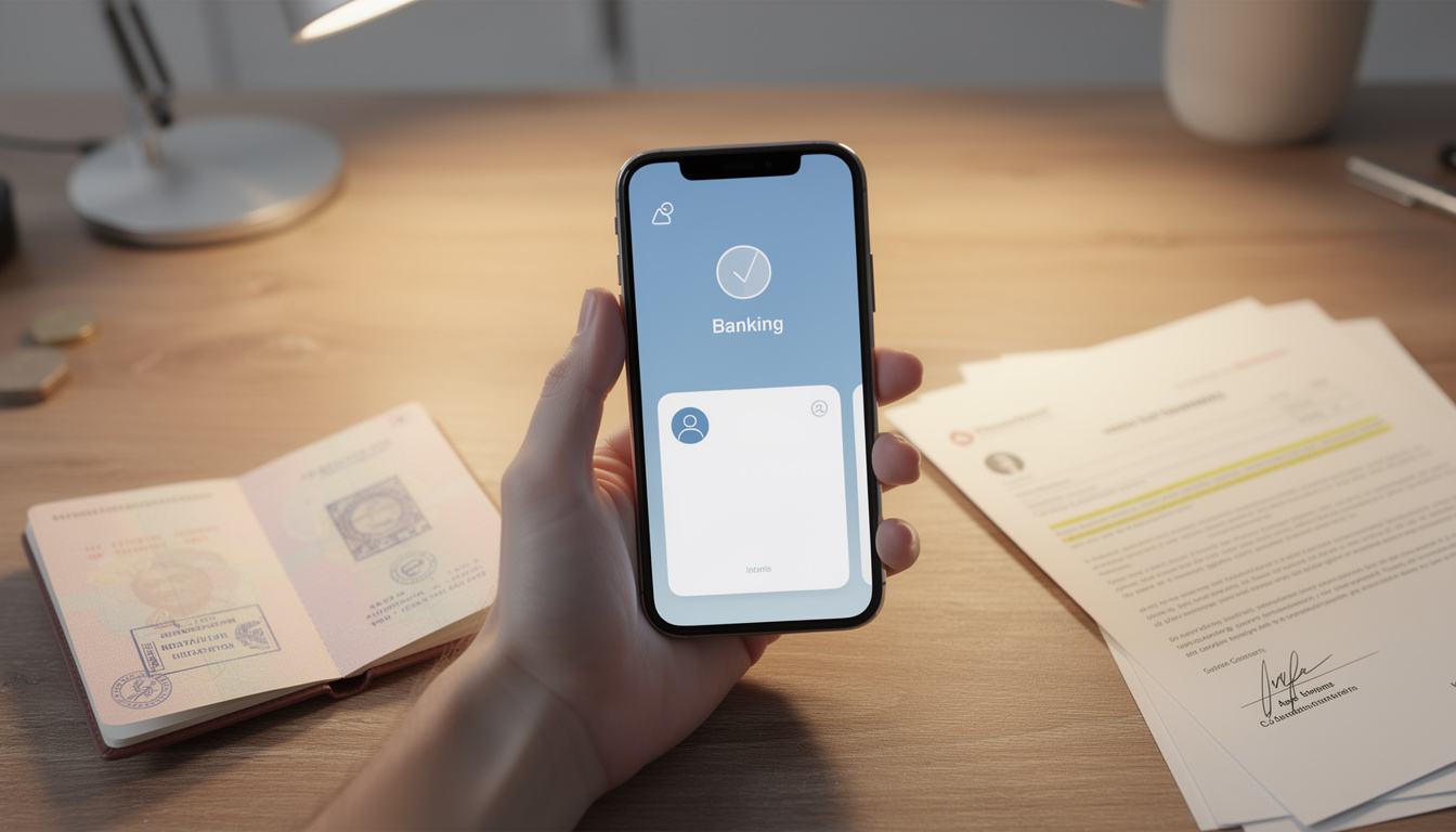 Рука с телефоном, показывающим обновление данных в банковском приложении, рядом с паспортом и договором на столе