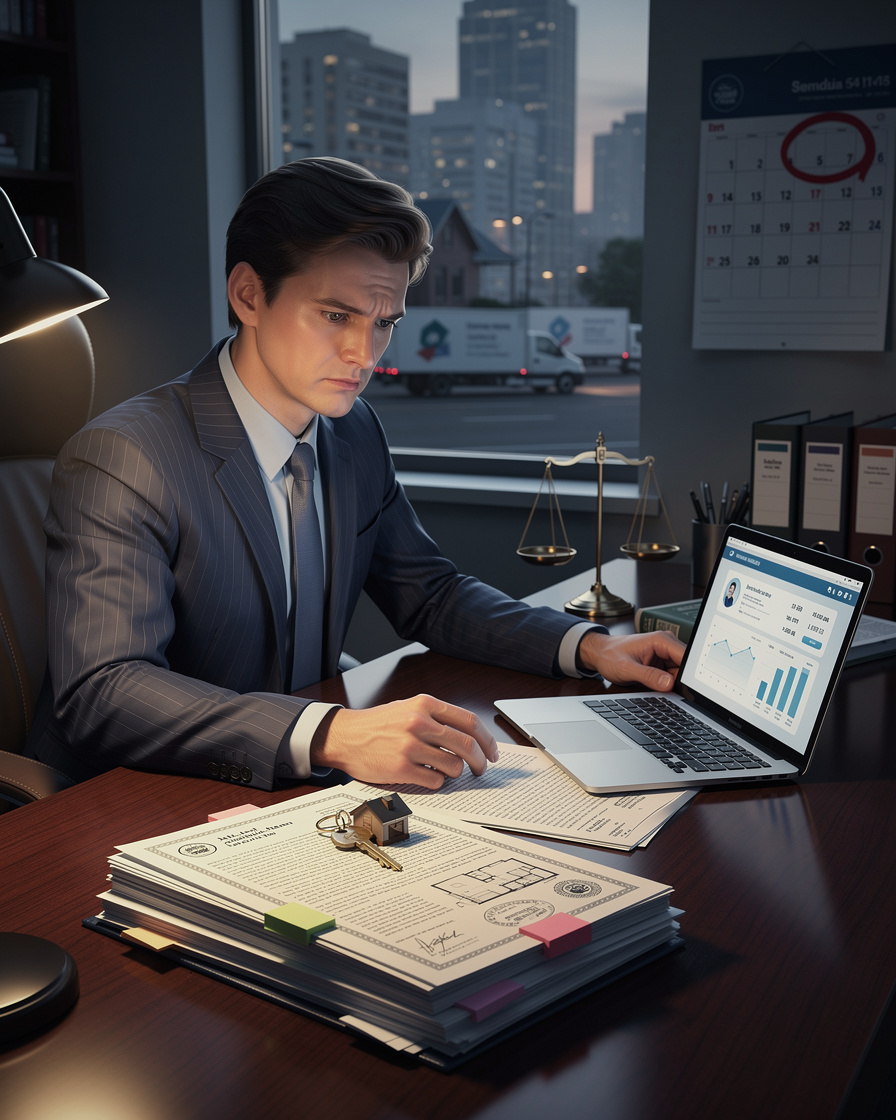Человек в офисе размышляет над документами о недвижимости и кредите, символизируя юридические вопросы при смене прописки.