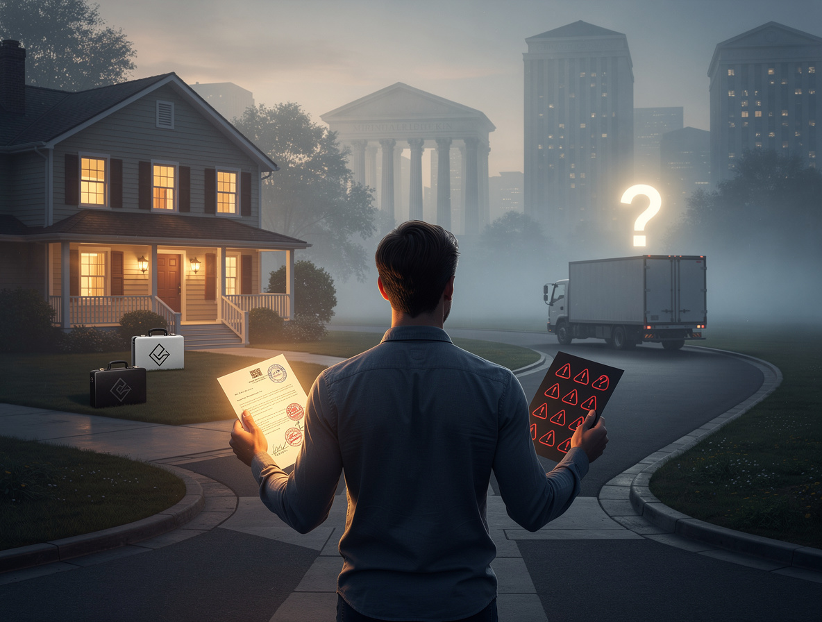 Человек на перепутье с документами, символизирующими стабильную работу и прописку против смены работы и адреса, на фоне банков.