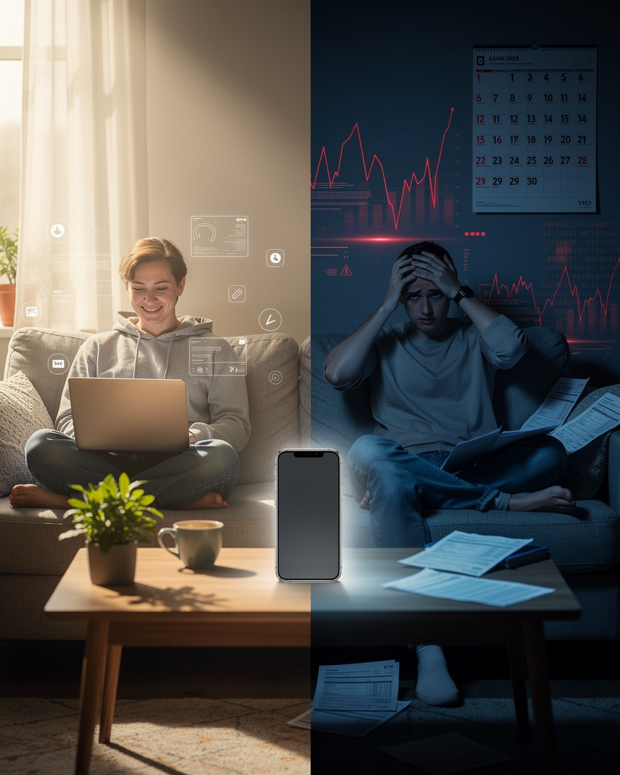 Иллюстрация, показывающая преимущества и недостатки онлайн-займов для неформально занятых людей через контрастные сцены.