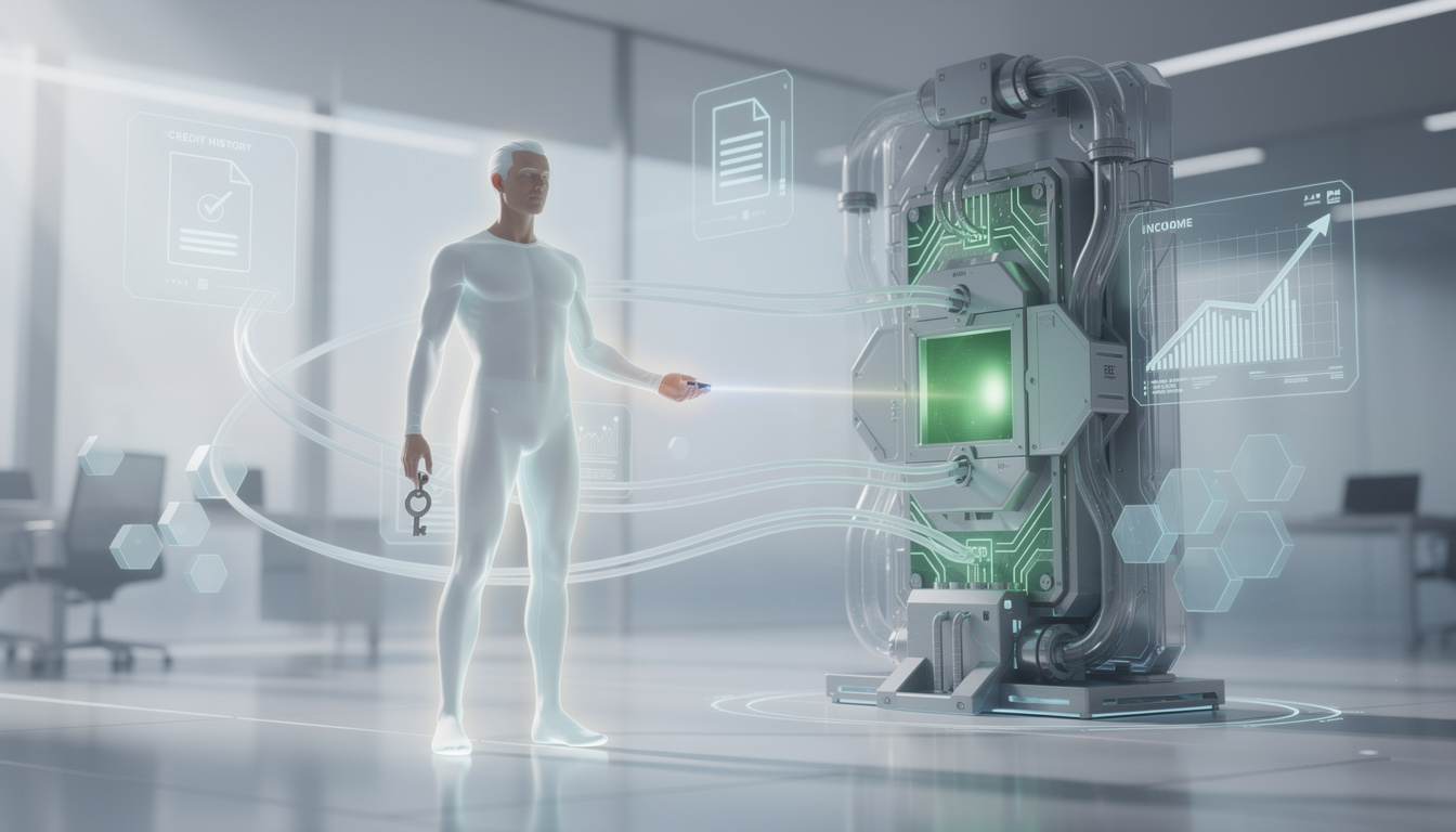 Стилизованное изображение человека, окруженного потоками финансовых данных, которые взаимодействуют с автоматизированной системой, символизирующей повышение шансов на одобрение займа.