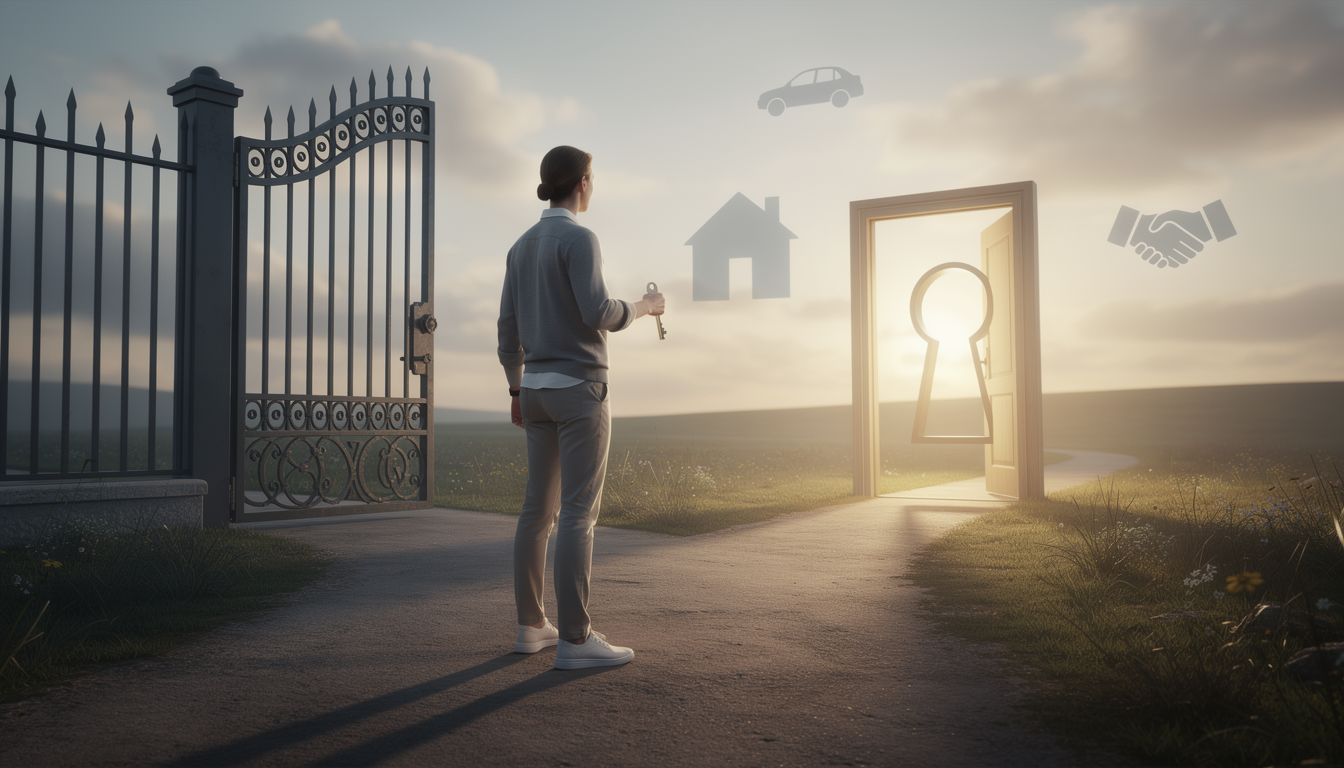 Человек на перепутье с ключом в руке, выбирающий светлый путь с символами залога, показывая альтернативы для заёмщиков с плохой кредитной историей.