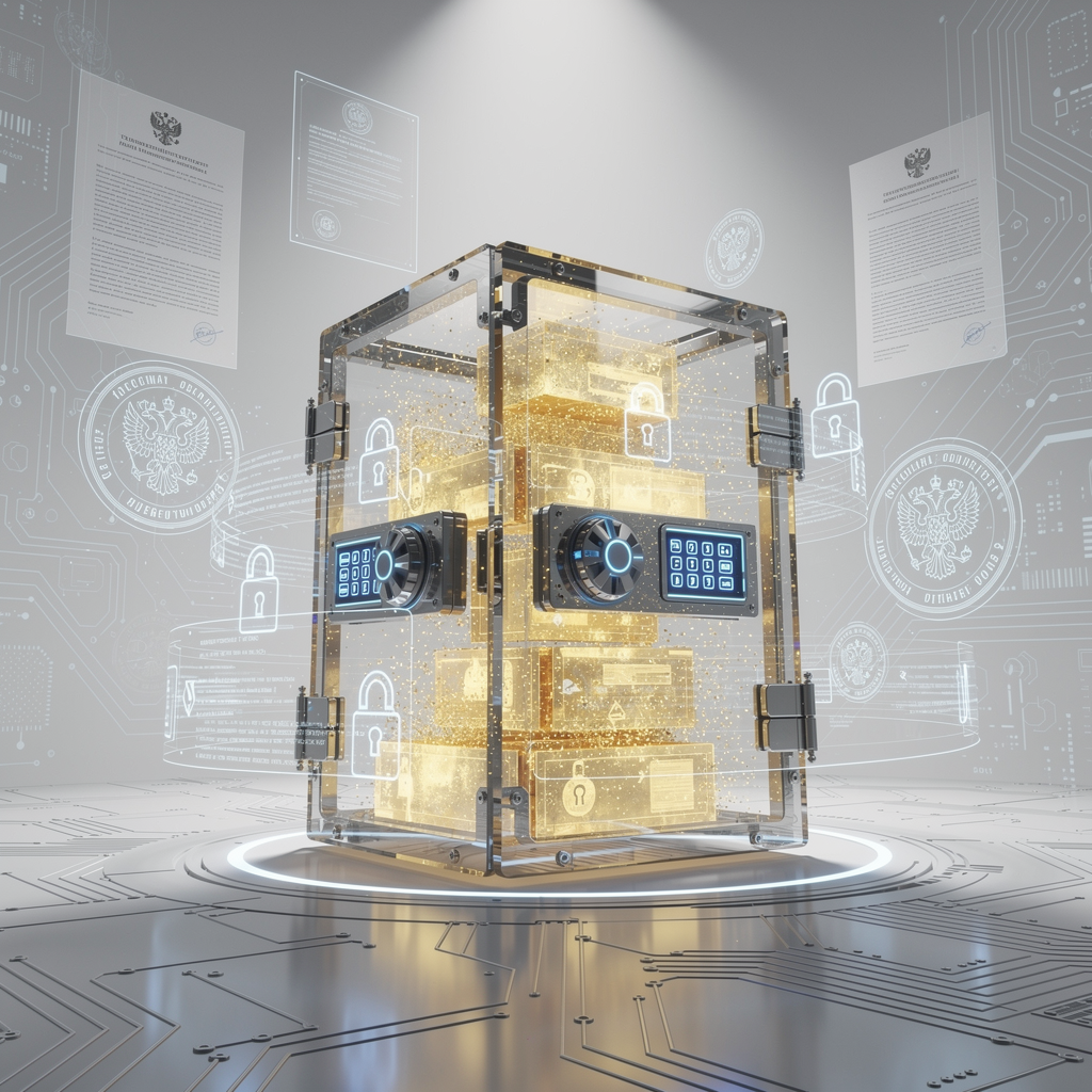 Защищённый цифровой сейф с символами шифрования и юридическими документами в киберпространстве.