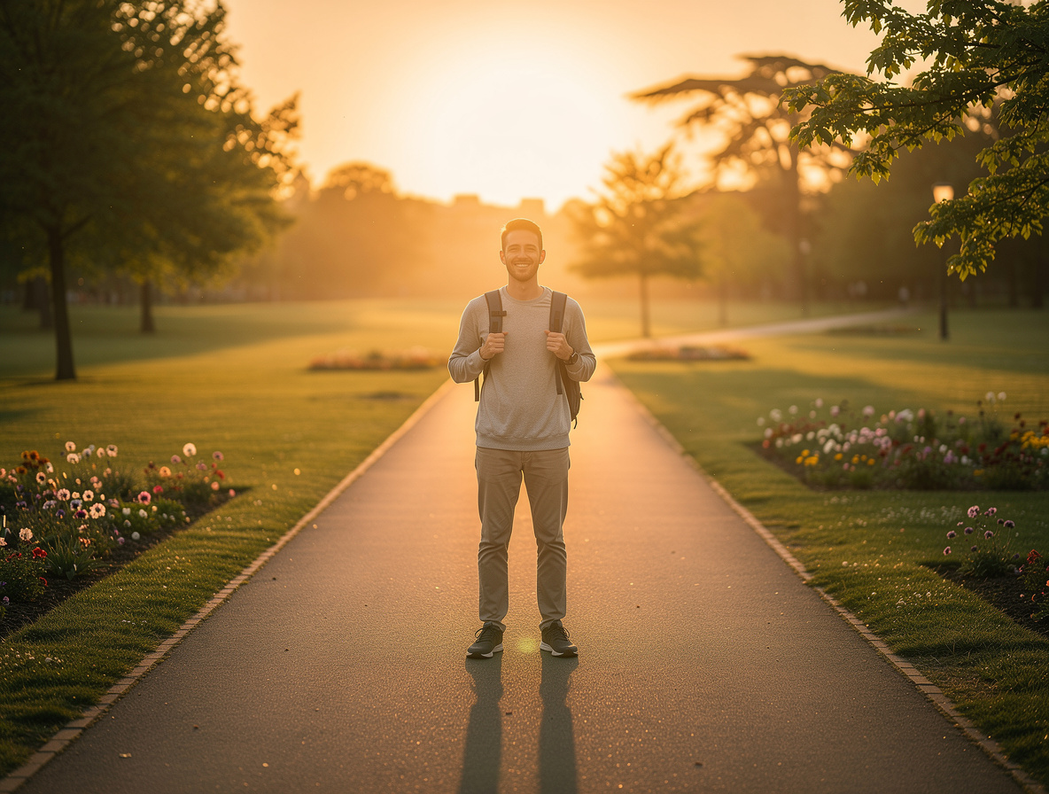 Человек с лёгким рюкзаком на прямой тропе в парке на рассвете, символизирующий возврат займа без переплат и долгов.