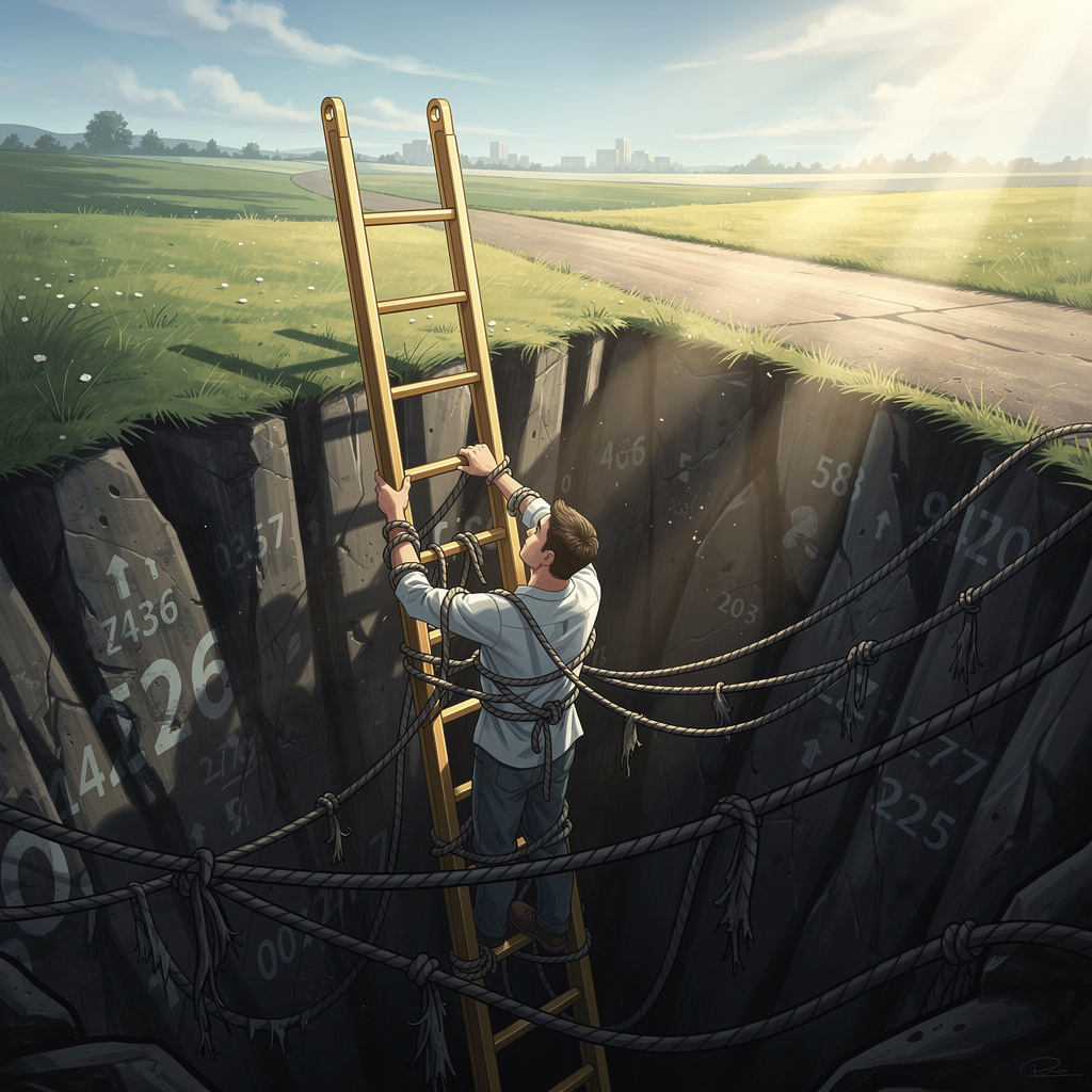 Человек выбирается из долговой ямы с помощью лестницы рефинансирования в светлое будущее.