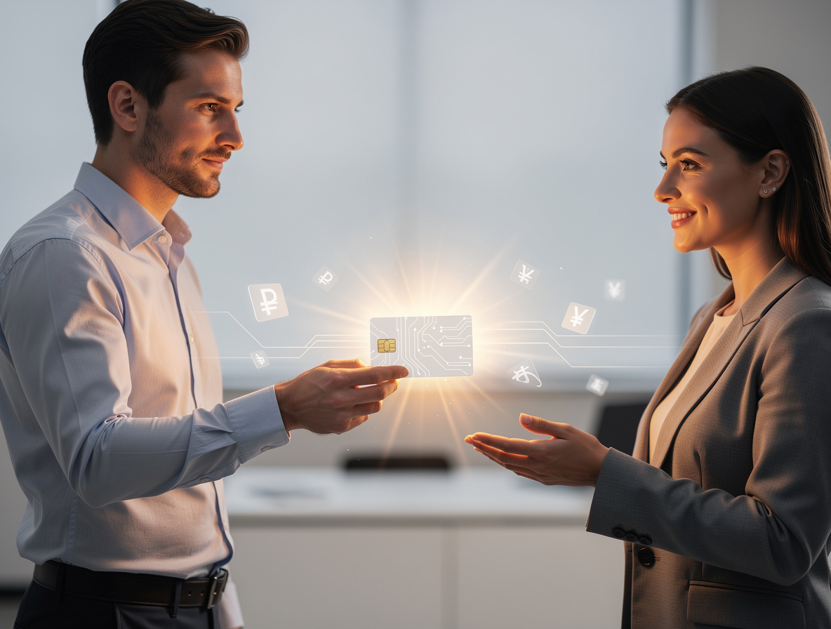 Человек передаёт светящуюся банковскую карту доверенному лицу, символизируя заём на карту третьего лица.