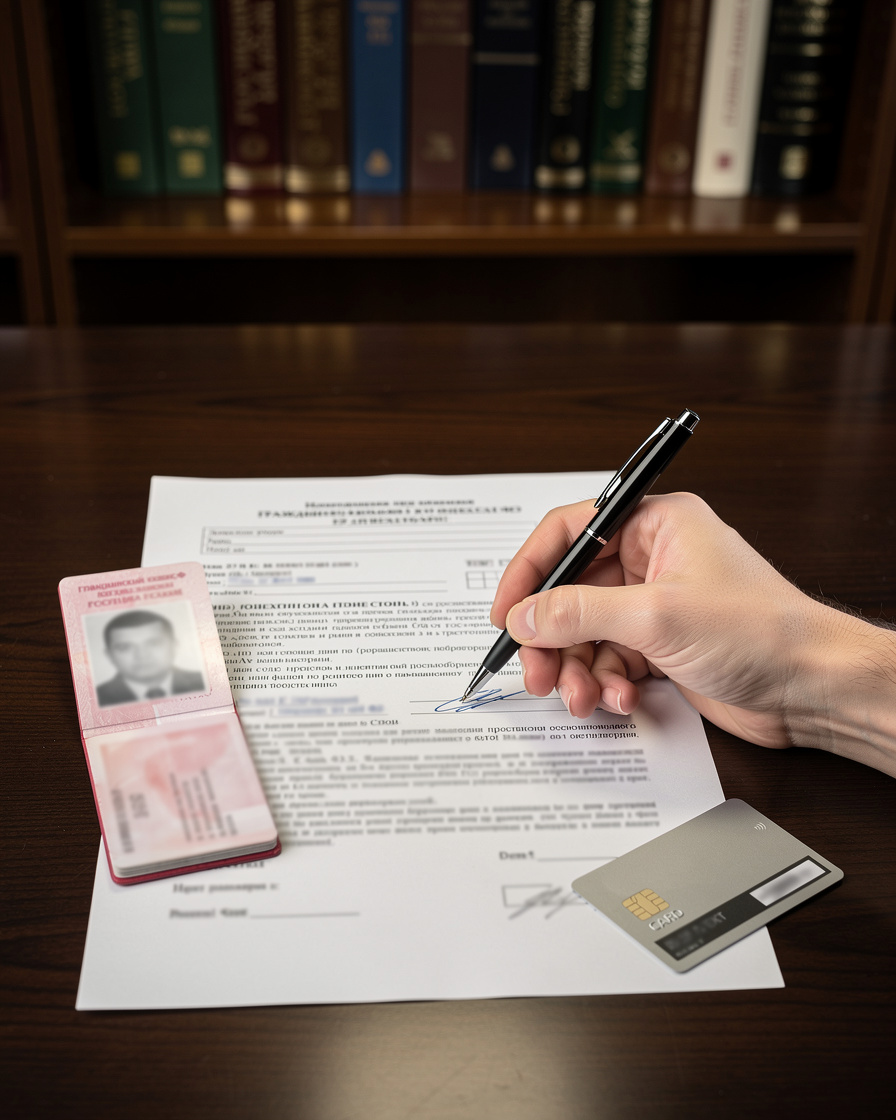 Рука подписывает договор займа с документами о личности на столе, символизируя законность и требования к документам без конкретного текста.