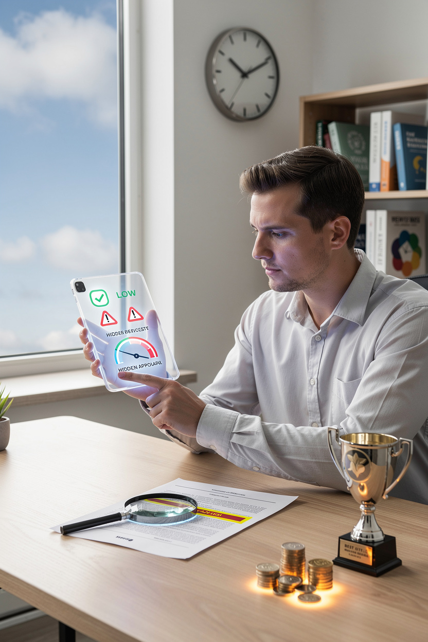 Человек анализирует выгодные условия займа с помощью цифровых инструментов и символов финансовой прозрачности.