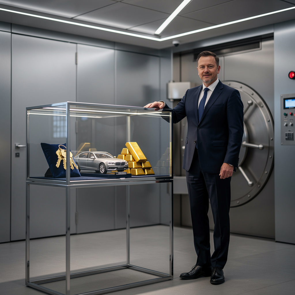 Банкир демонстрирует залоговое имущество в сейфе как символ кредита под залог