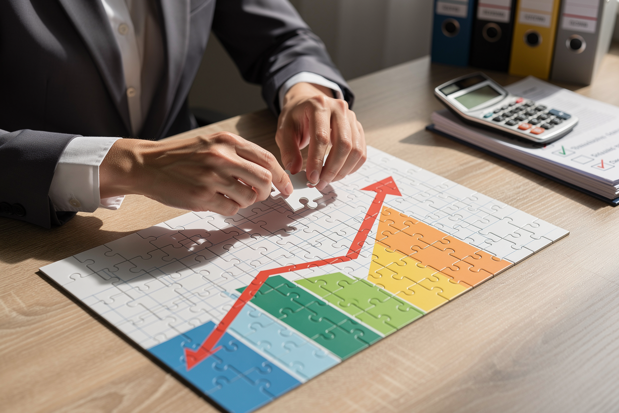 Иллюстрация человека, собирающего пазл с графиком роста, символизирующая тщательную подготовку документов для успешной заявки.