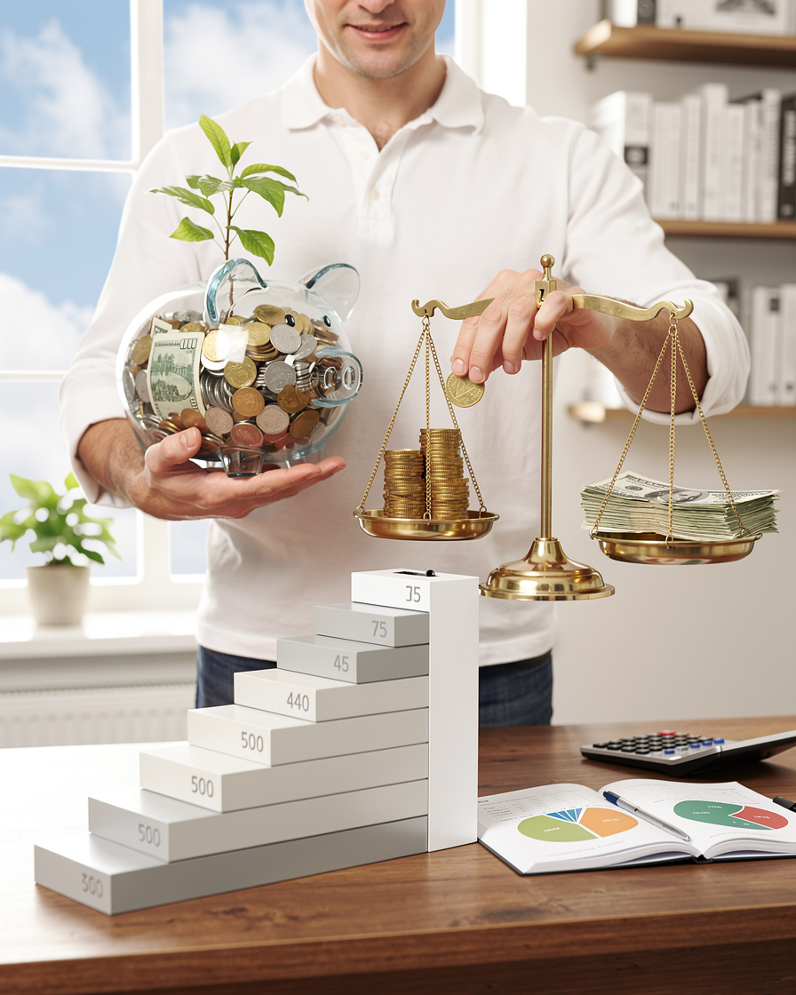 Человек вкладывает монету в копилку на фоне символов финансового планирования и уменьшения долга.