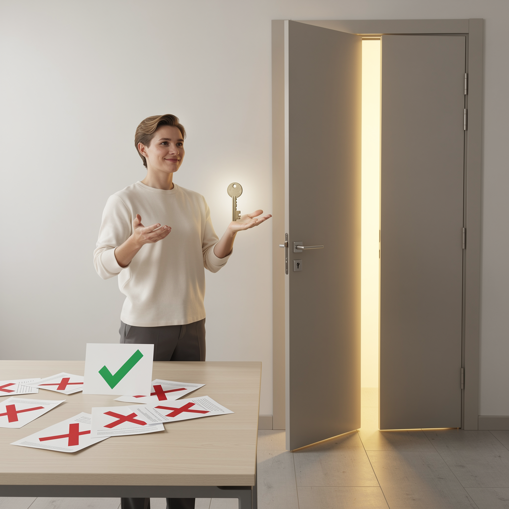 Человек с ключом в руке перед открывающейся дверью в офисе, символизирующий получение займа после отказов.