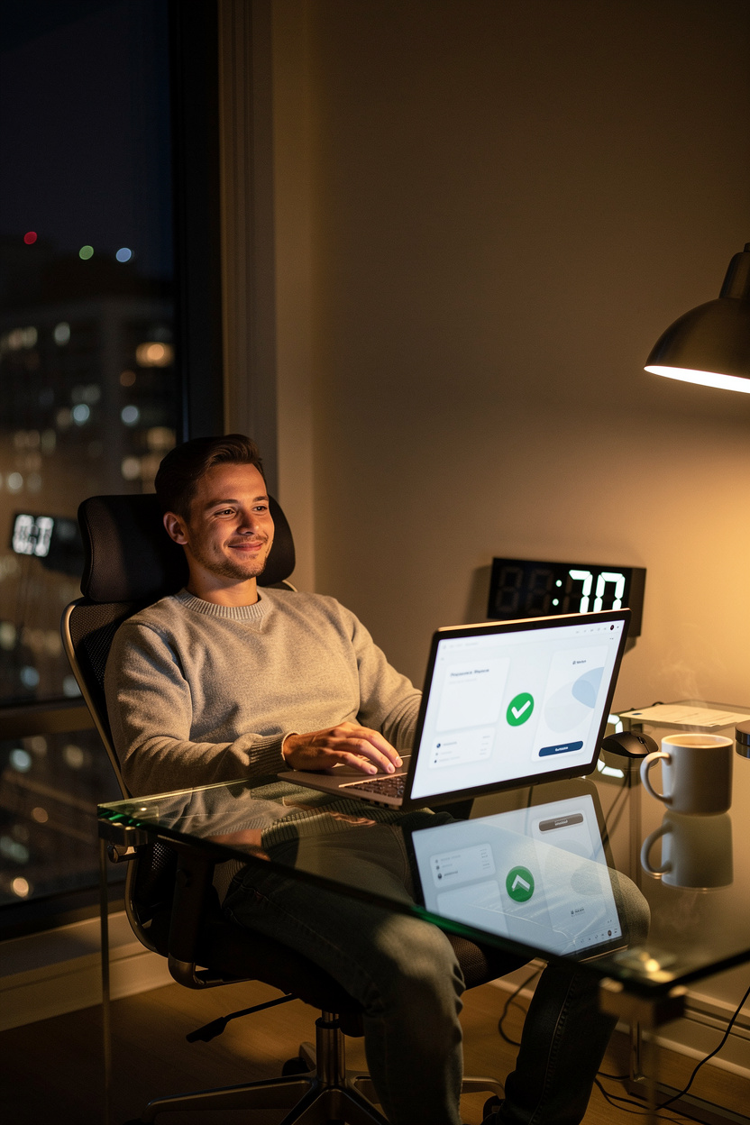 Человек в уютном домашнем офисе ночью, успешно оформивший займ онлайн на ноутбуке