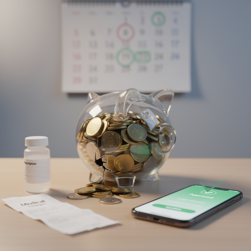 Концептуальное изображение займа до зарплаты: стеклянная копилка, смартфон с одобренной заявкой и календарь, символизирующие быструю финансовую помощь.