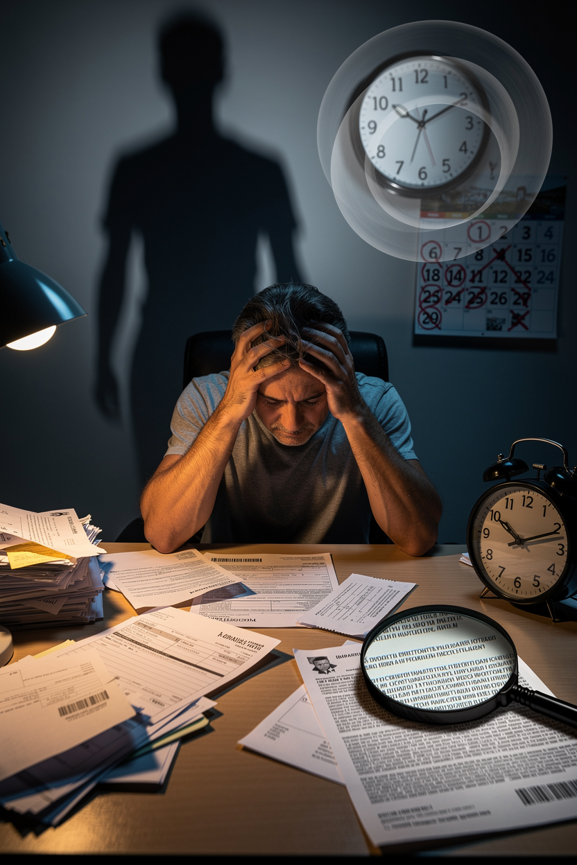 Человек за столом с медицинскими счетами и документами на займ, выражающий беспокойство о сроках и последствиях.