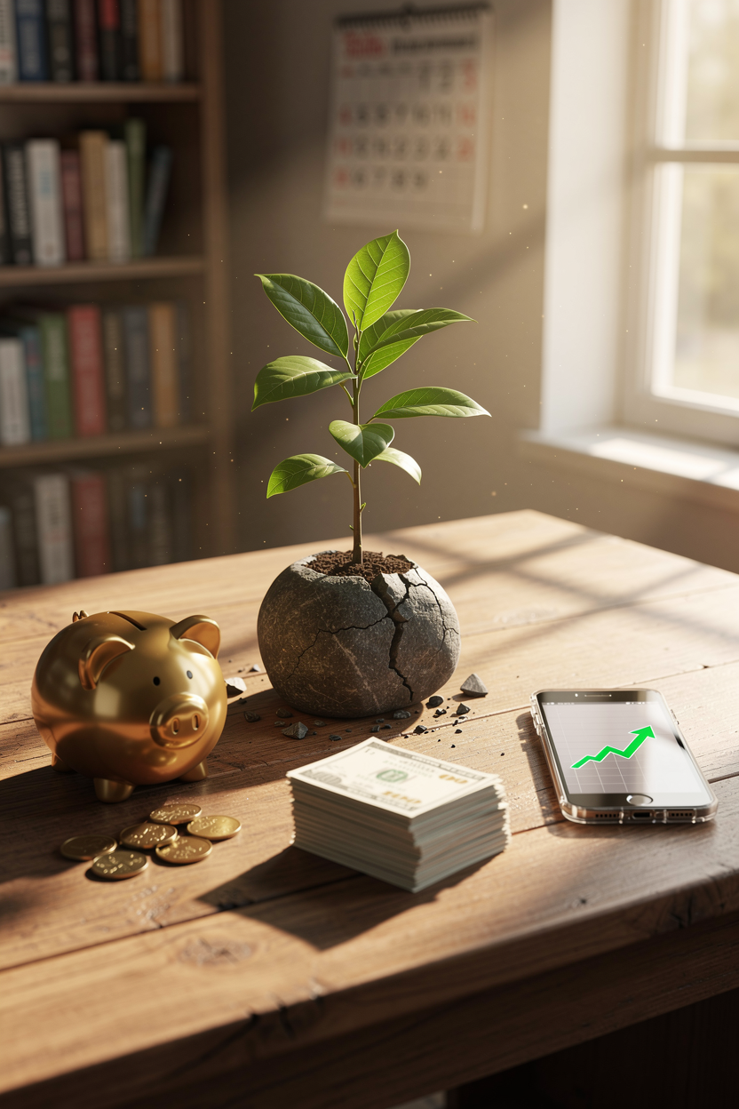 Молодое дерево, растущее из треснувшего камня на столе в домашнем офисе, окруженное символами финансового восстановления: копилкой, оплаченными счетами и смартфоном с графиком роста.