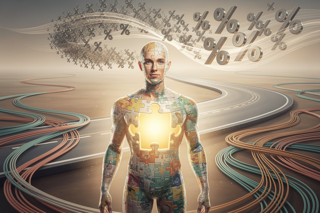 Стилизованная фигура из пазлов, символизирующая объединение микрозаймов в один рефинансированный долг, на фоне сходящихся дорог и уменьшающихся процентов.