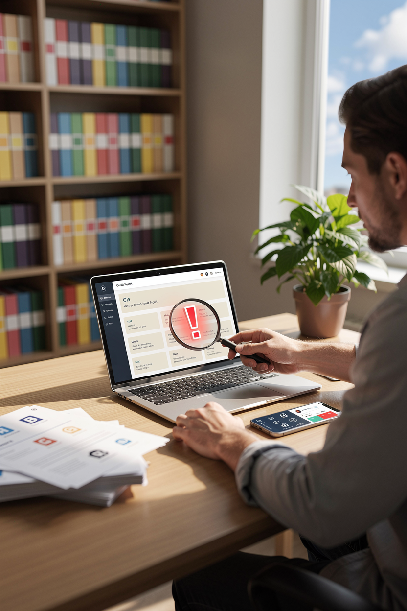 Человек проверяет кредитный отчёт на ноутбуке с лупой, находясь в домашнем офисе, что символизирует процесс исправления ошибок в кредитной истории.