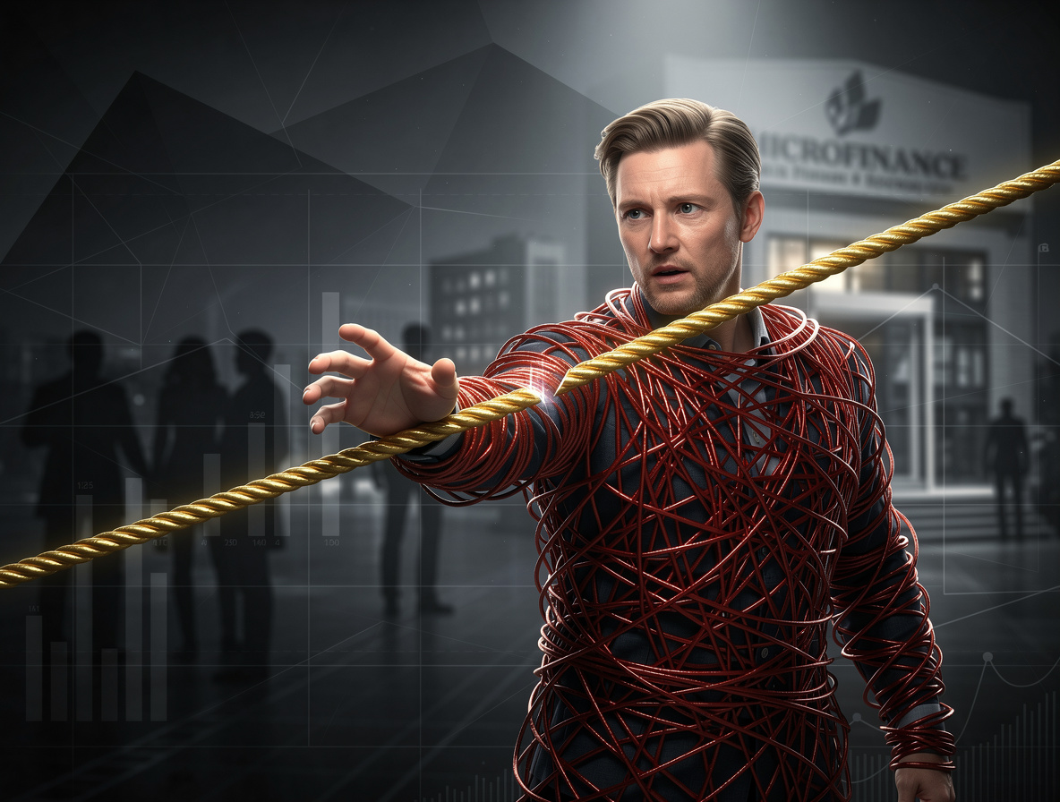 Человек в ловушке паутины долгов, тянущийся к золотой нити перекредитования.