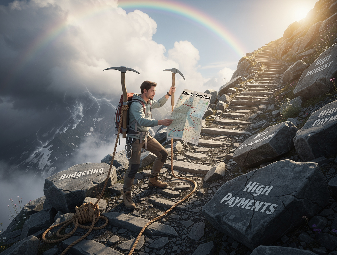 Человек карабкается по скалистой тропе, используя инструменты для управления долгом, символизируя стратегическое преодоление финансовых трудностей.