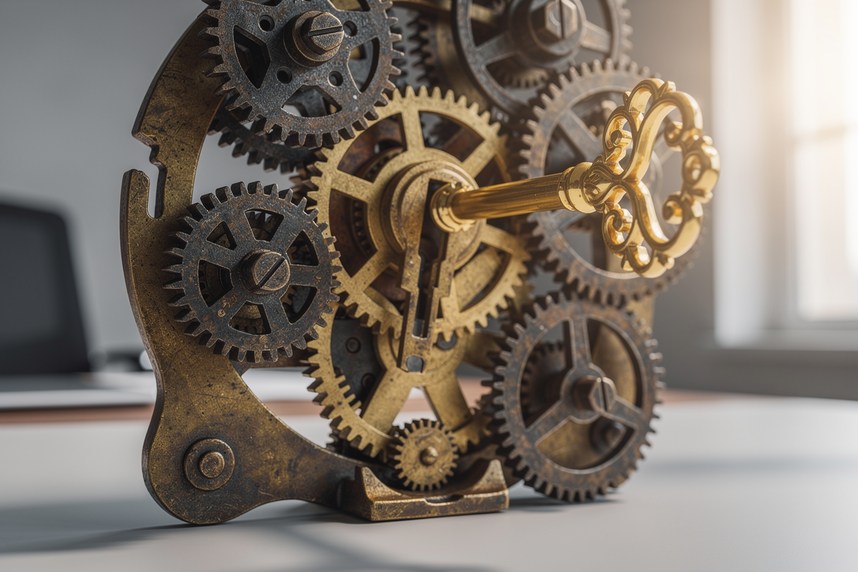 Золотой ключ 'Займ на частичное погашение' вставляется в сложный часовой механизм долга, освобождая застрявшие части и символизируя устранение просрочек.
