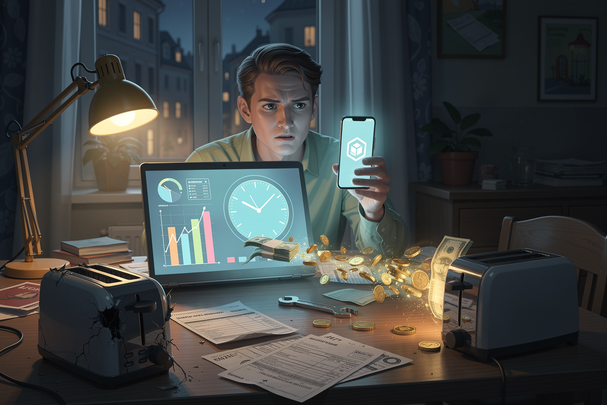 Человек использует смартфон для быстрого получения микрозайма, чтобы покрыть срочные расходы в домашней обстановке.