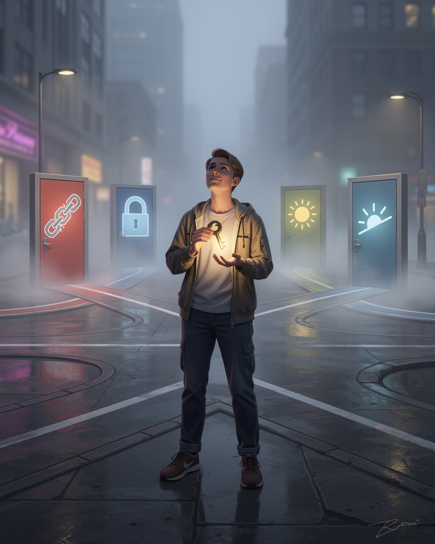 Человек на перекрестке с ключом, символизирующим поиск займа при плохой кредитной истории