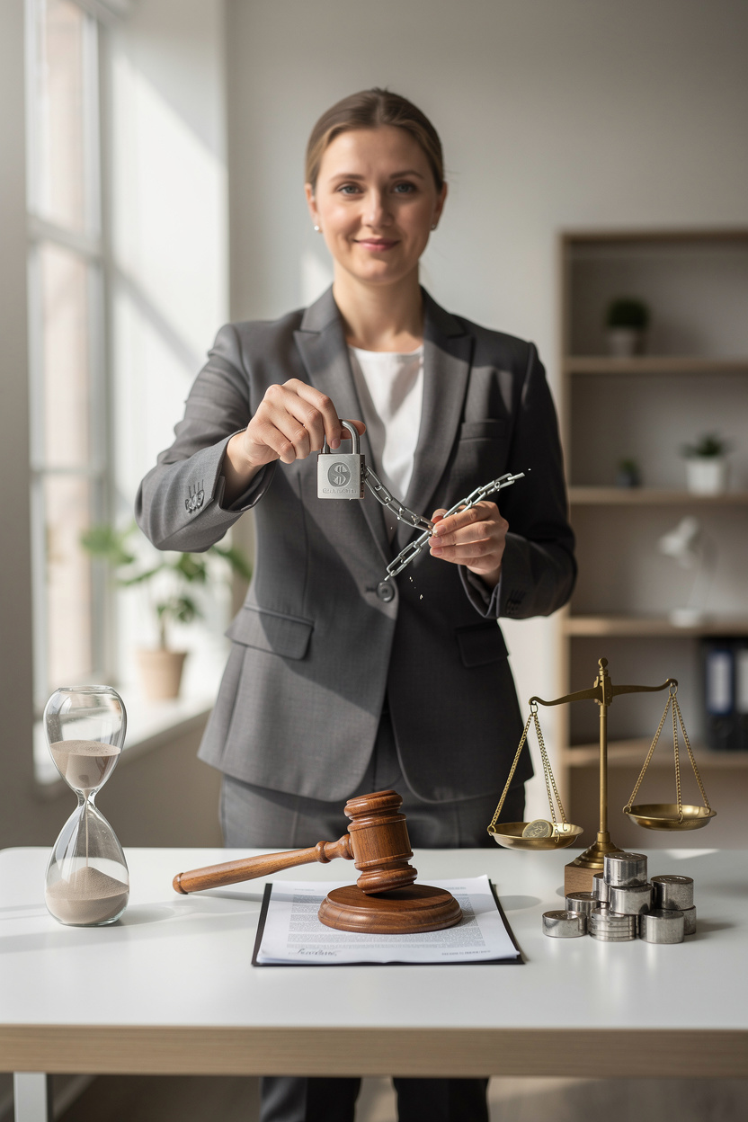 Символическое изображение списания долга по микрозаймам через юридические механизмы: человек в офисе разрывает цепь долга ключом, окружённый символами исковой давности, банкротства и несоразмерности долга.