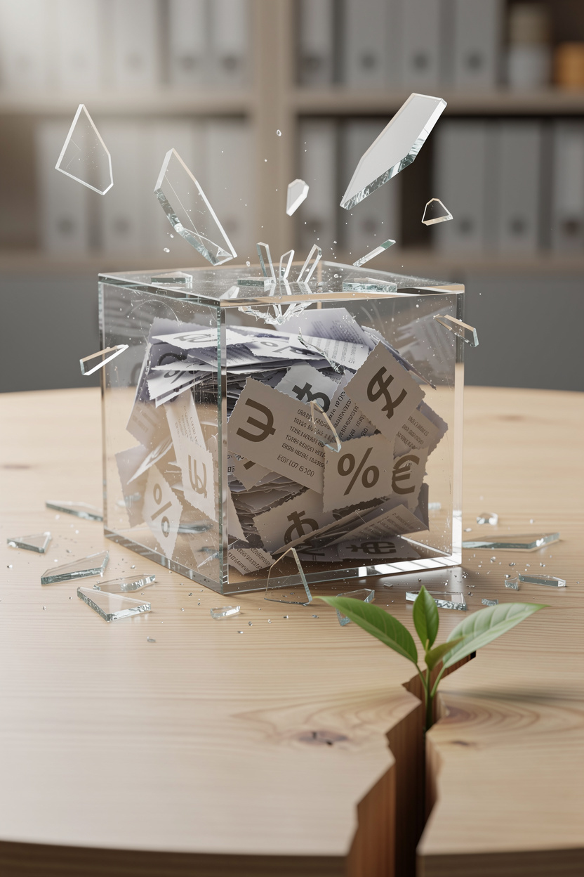 Символичное изображение банкротства: разбивающийся стеклянный куб с документами долгов и росток новой жизни на столе.