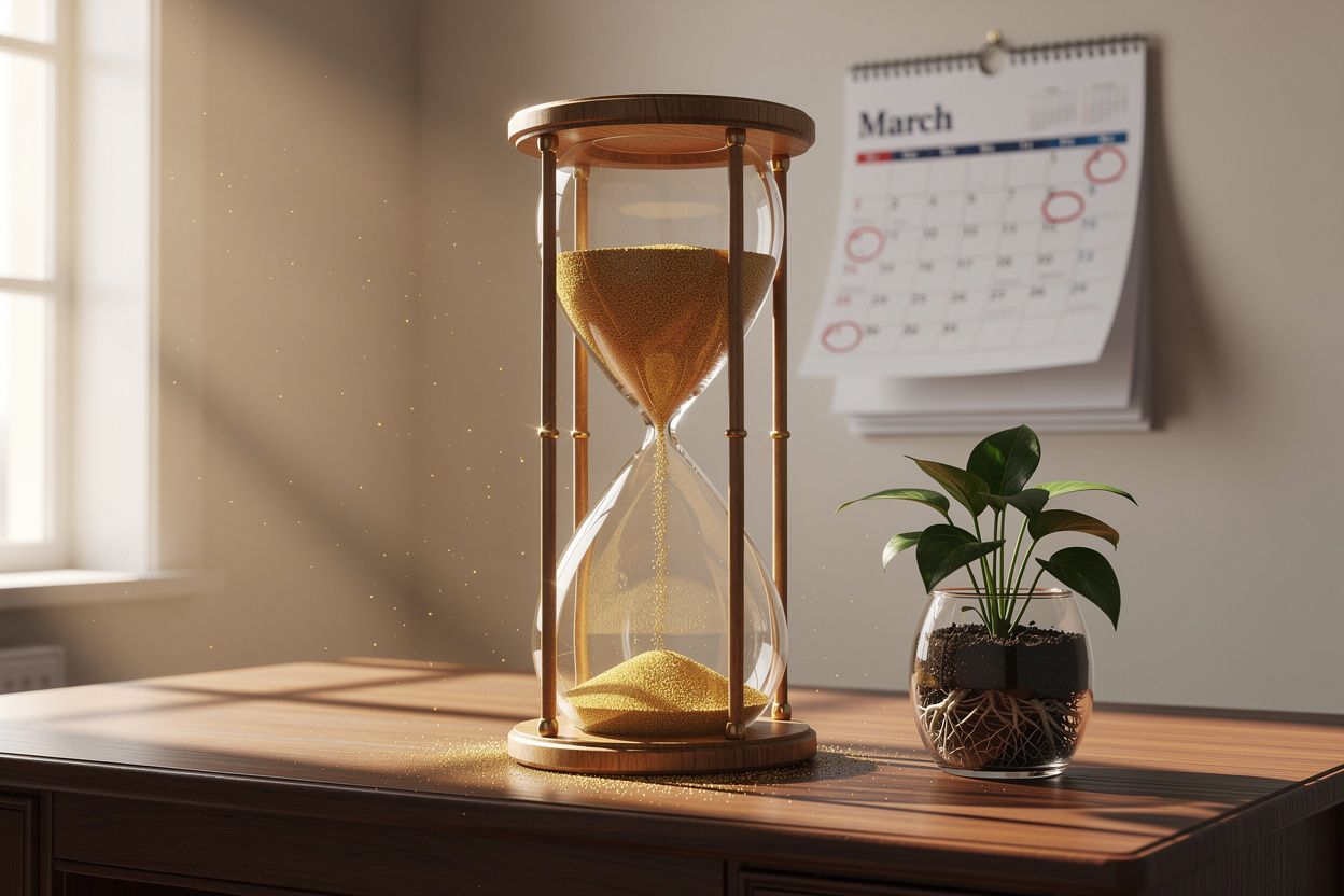 Песочные часы на столе символизируют время, необходимое для восстановления кредитной истории, с календарём и растущим растением на фоне.