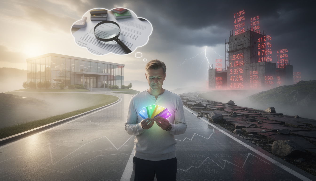 Человек на перепутье с кредитными картами, символизирующий выбор между хорошей и плохой кредитной историей.