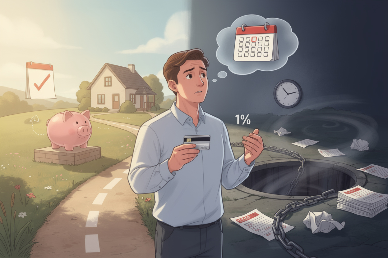 Человек на распутье с кредитной картой: одна дорога ведёт к финансовой стабильности, другая — к долговой яме, символизируя важность своевременных минимальных платежей.