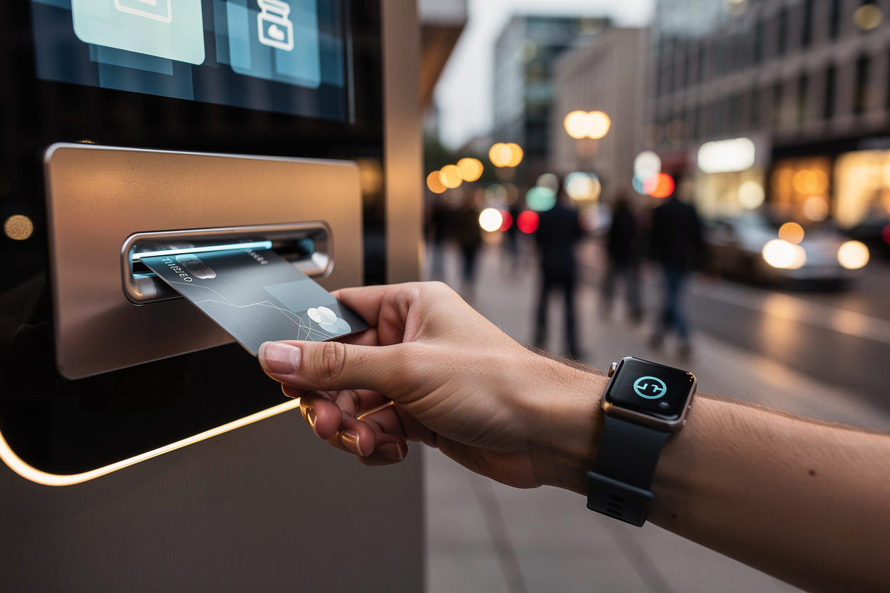 Рука человека вставляет кредитную карту в банкомат на городской улице в сумерках, символизируя практическое управление финансами.